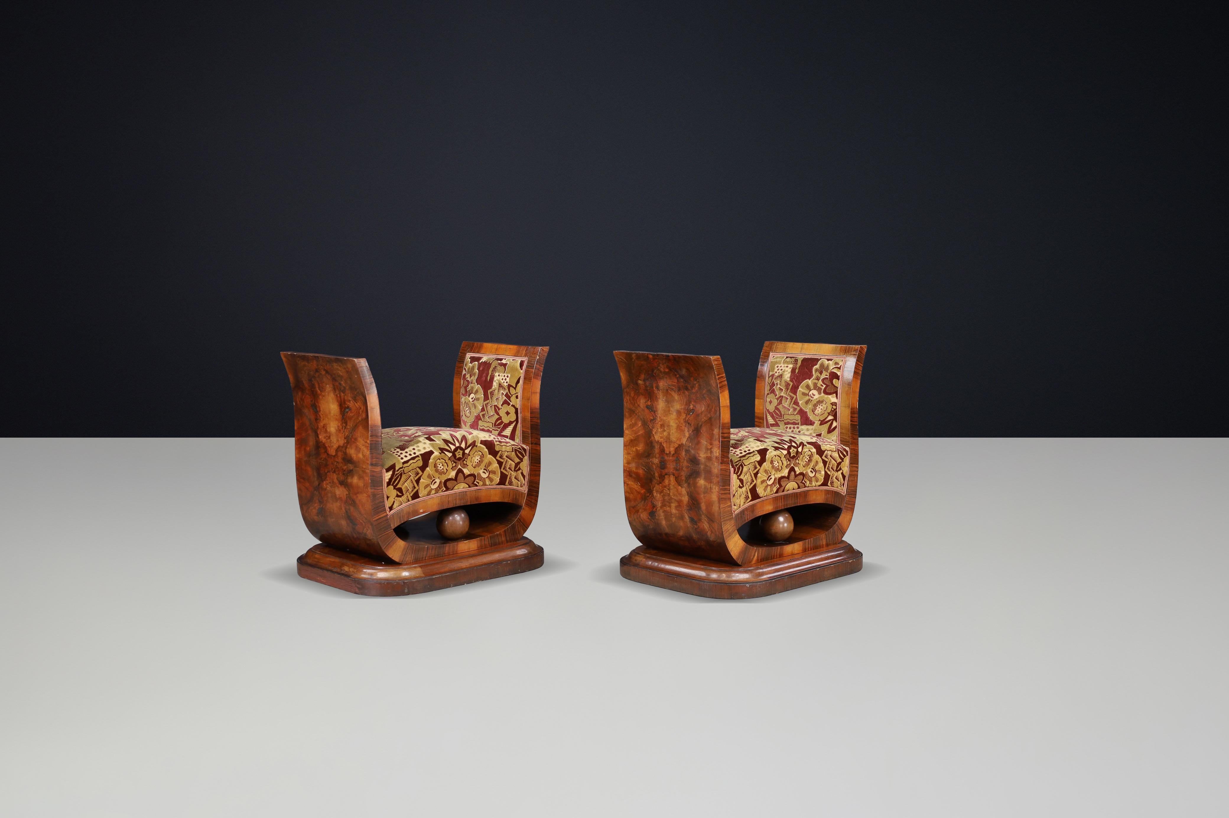 Paar italienische Art-Déco-Hocker aus Nussbaummaser mit Original-Samt, Neapel, 1930er Jahre im Angebot 2