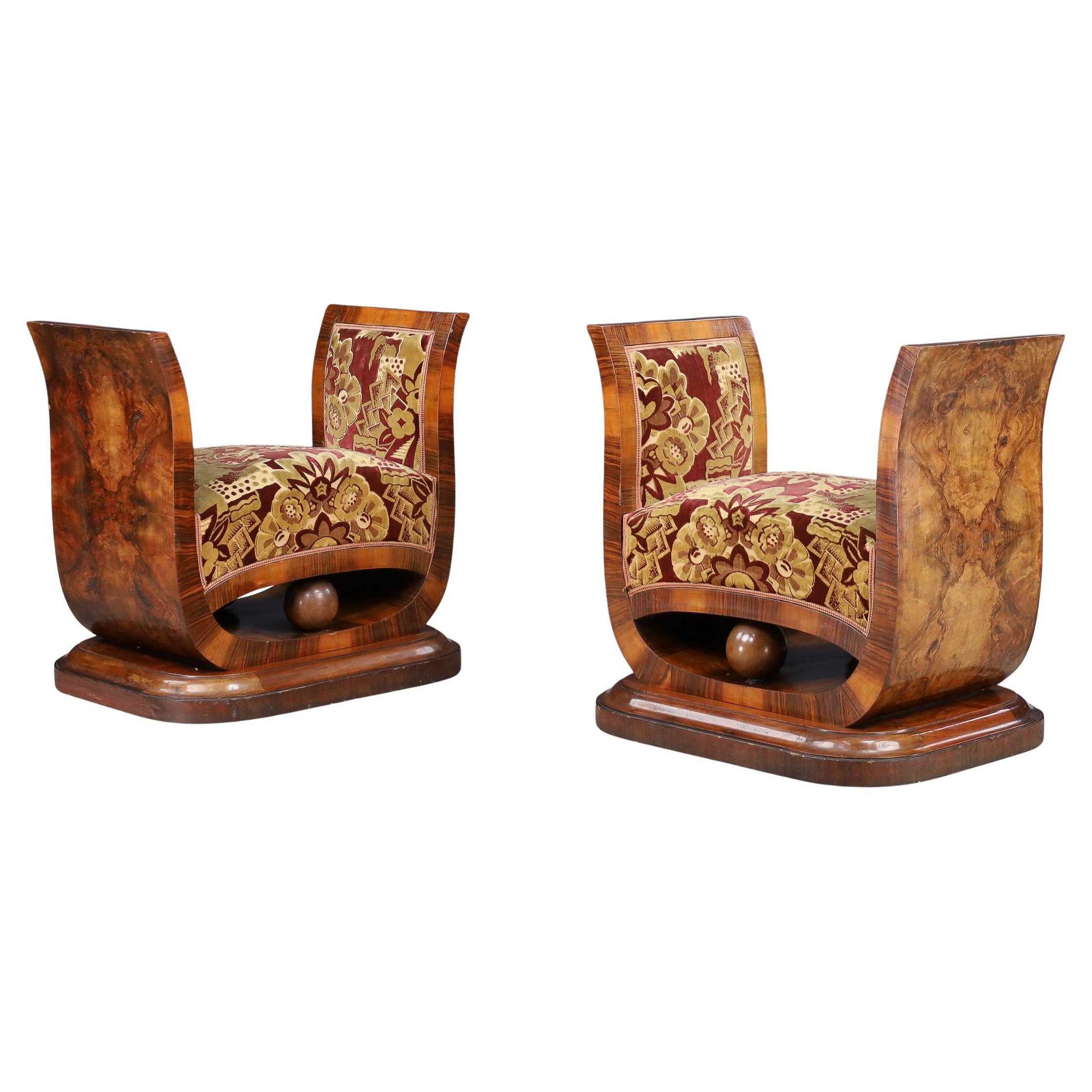 Pair of Italian Art Deco Walnut Burl Stools with Original Velvet, Naples, 1930s