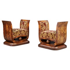 Pair of Italian Art Deco Walnut Burl Stools with Original Velvet, Naples, 1930s