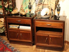 Pair of Italian Art Deco Walnut Wood Nightstand Cabinets with Brass Handles