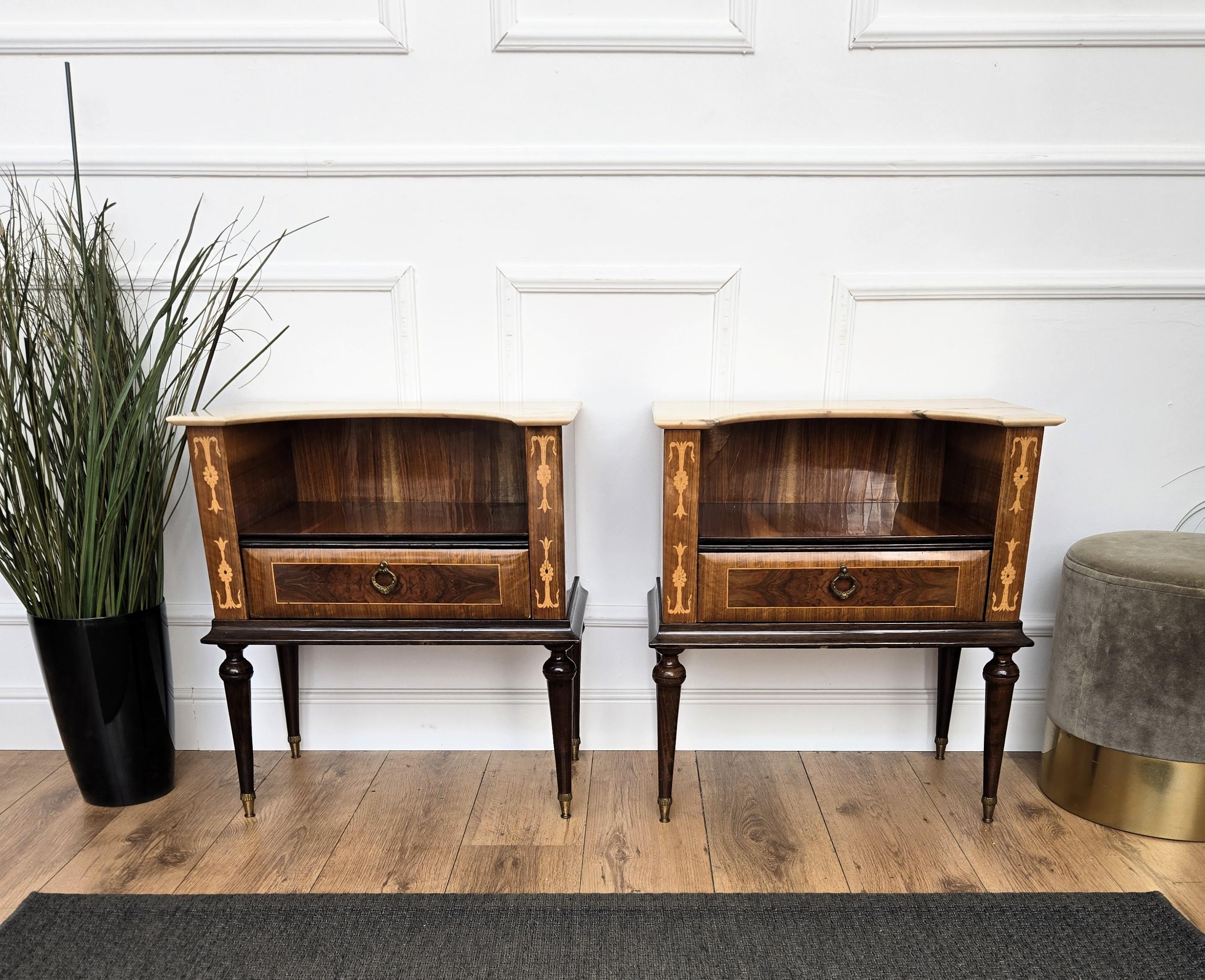 Brass Pair of Italian Art Deco Wood Marble Top Night Stands Bedside Tables For Sale