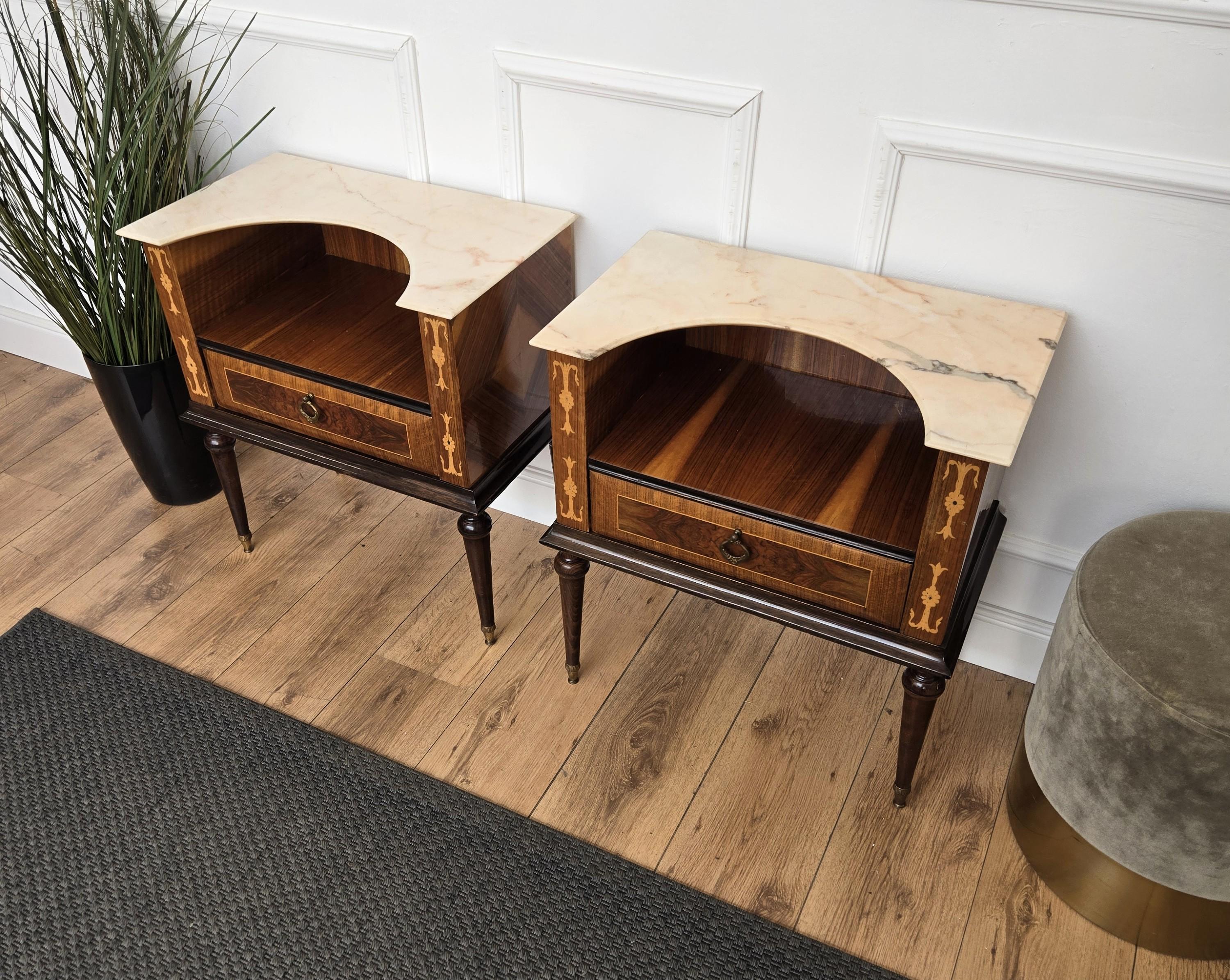 Pair of Italian Art Deco Wood Marble Top Night Stands Bedside Tables For Sale 1
