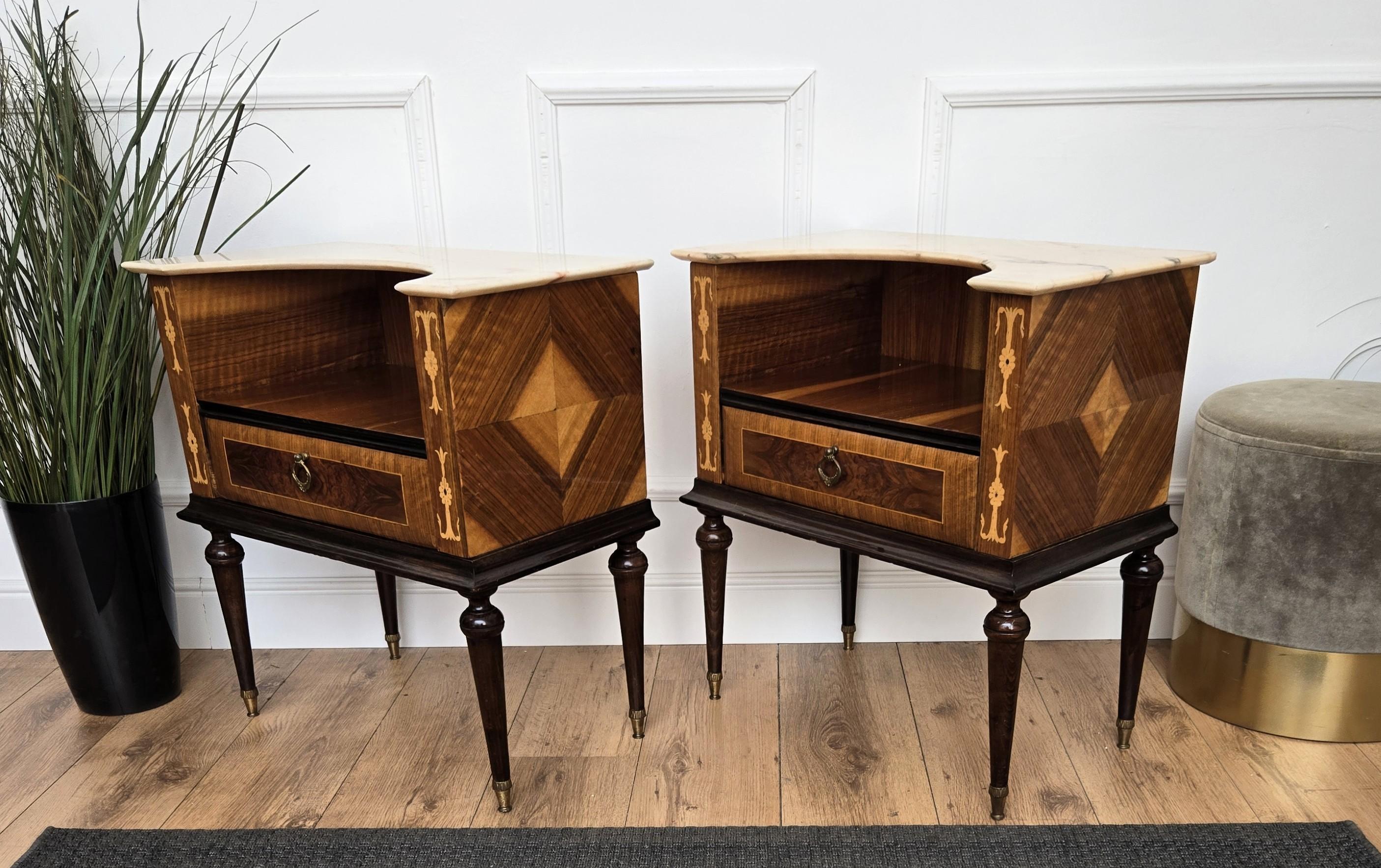 Pair of Italian Art Deco Wood Marble Top Night Stands Bedside Tables For Sale 3