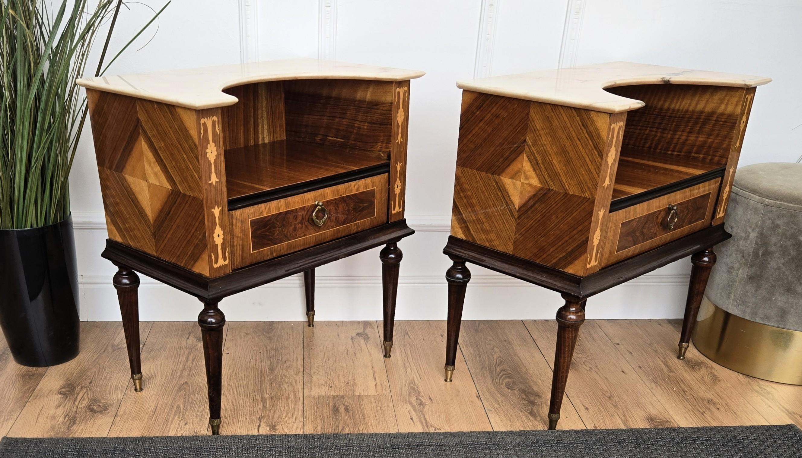 Pair of Italian Art Deco Wood Marble Top Night Stands Bedside Tables For Sale 4