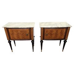 Pair of Italian Art Deco Wood Marble Top Night Stands Bedside Tables
