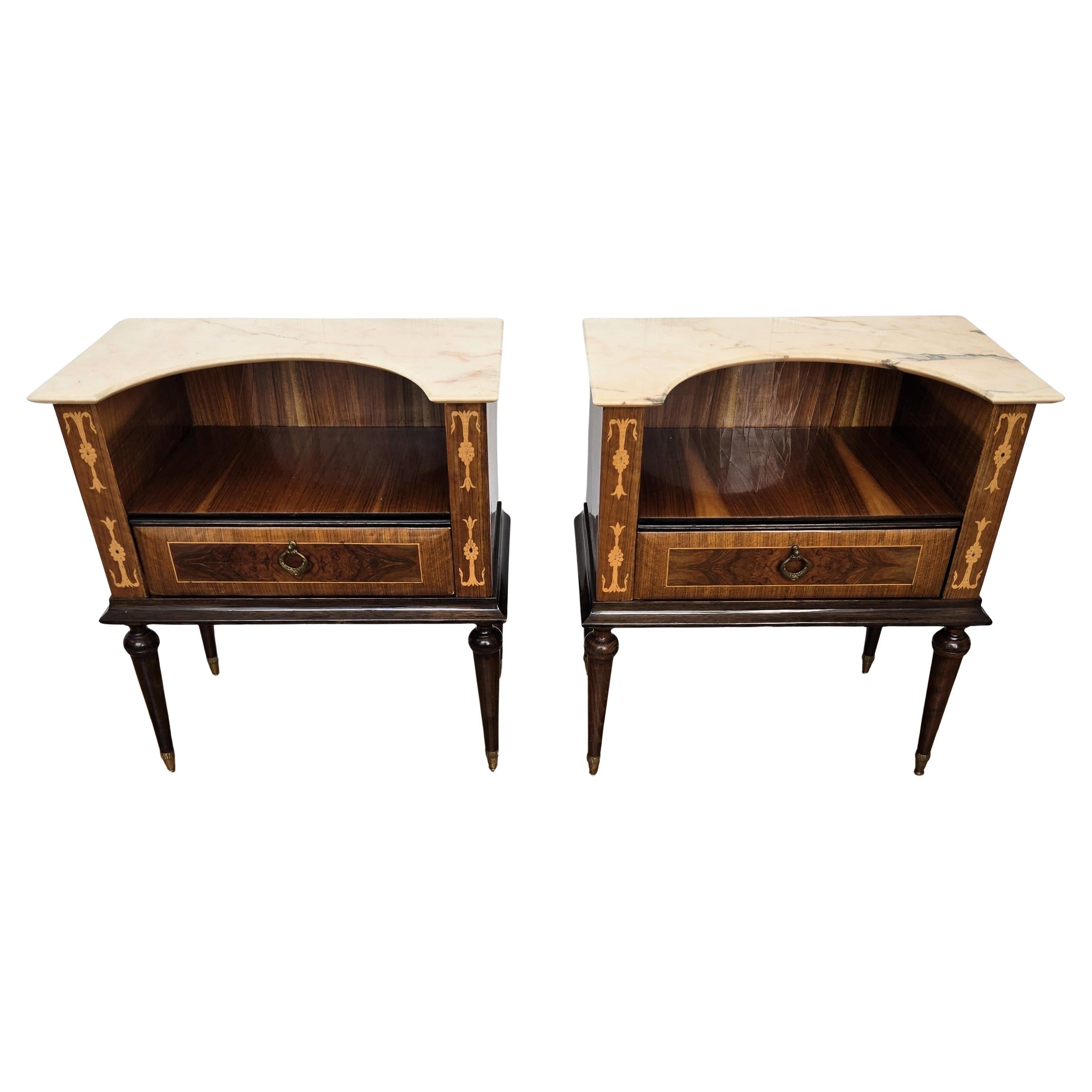 Pair of Italian Art Deco Wood Marble Top Night Stands Bedside Tables