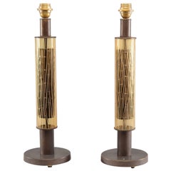 Pair of Italian Art Glass and Metal Cylinder Shaped Lamps