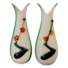 Pair of Italian Art Glass Bud Vases, Floral Design, 1960s