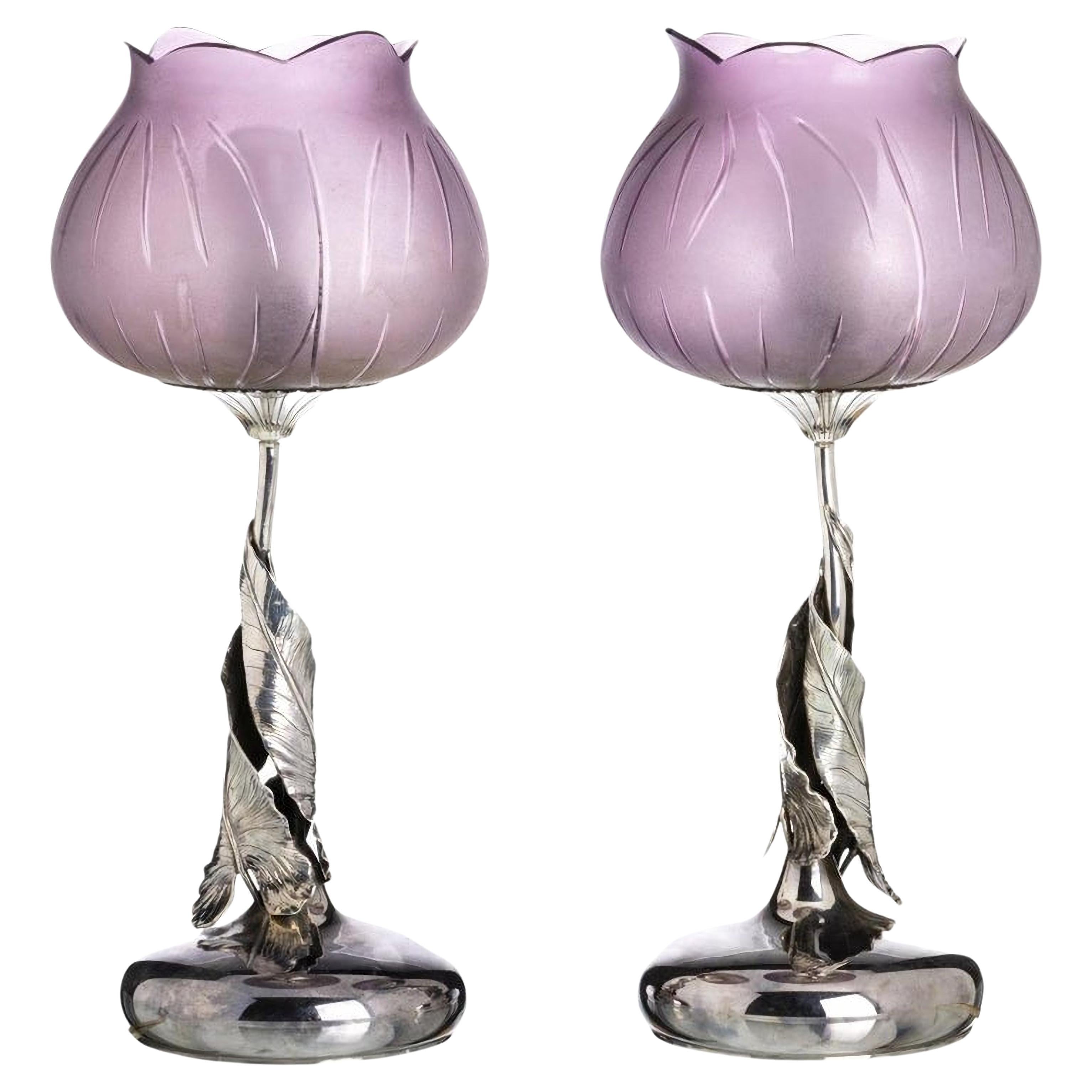 Pair of Italian Art Nouveau Silver and Glass Lamps, 20th Century For Sale