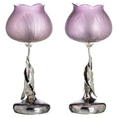 Vintage Pair of Italian Art Nouveau Silver and Glass Lamps, 20th Century