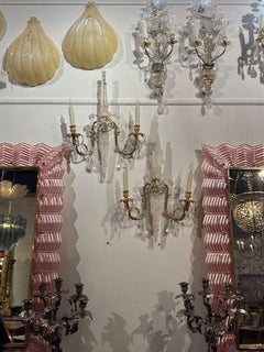 Pair of Italian Bagues Manner Polish Brass and Rock Crystal Sconces
