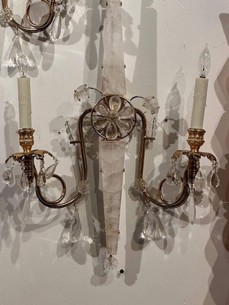 Contemporary Pair of Italian Bagues Manner Polish Brass and Rock Crystal Sconces For Sale