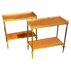 Pair of Italian Bagues Style Brass and Leather Side Tables