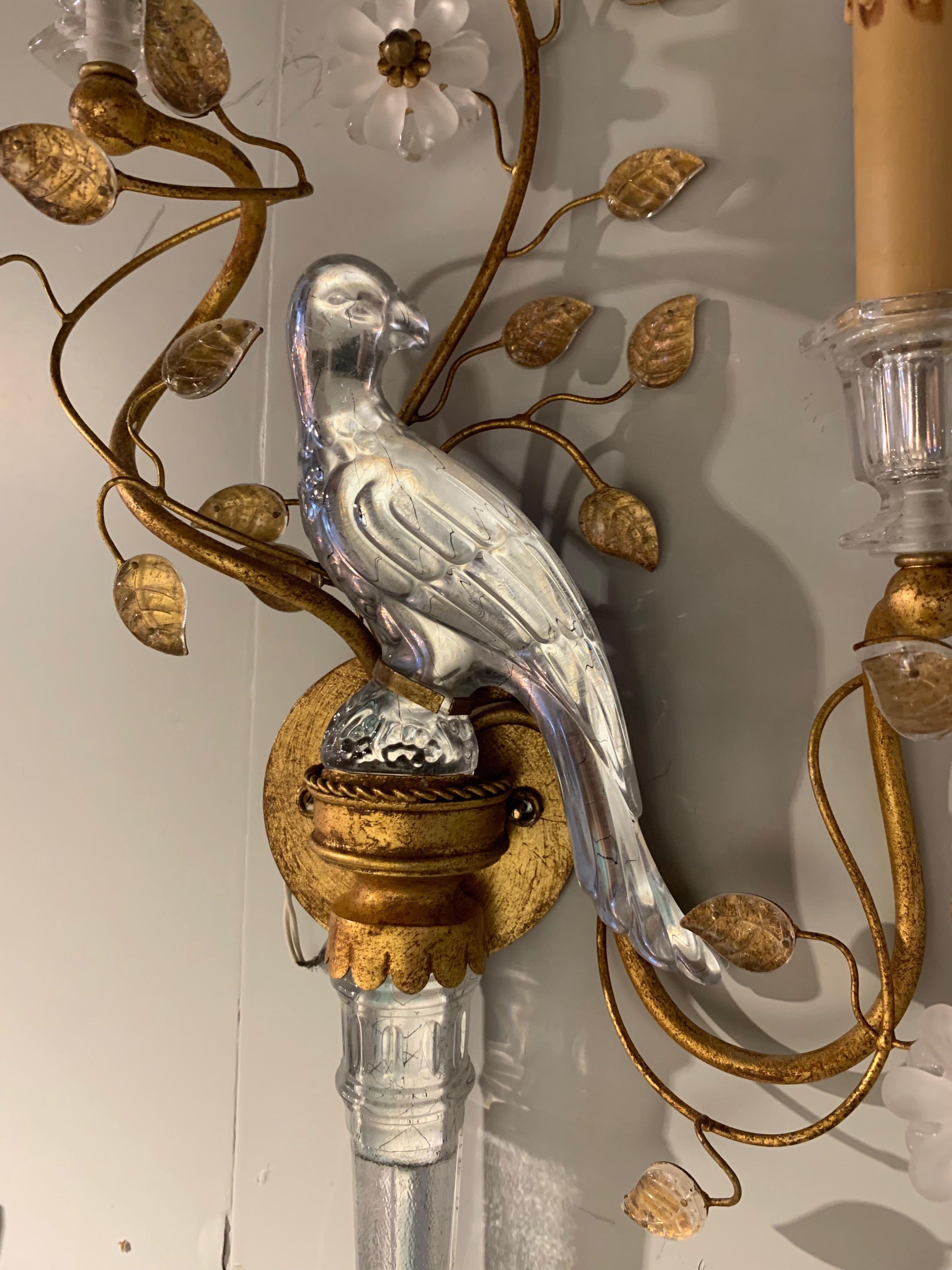 Lovely pair of Italian Baguès style sconces. Each sconce has 2 lights and beautiful glass birds and flowers. Wired and ready for installation.