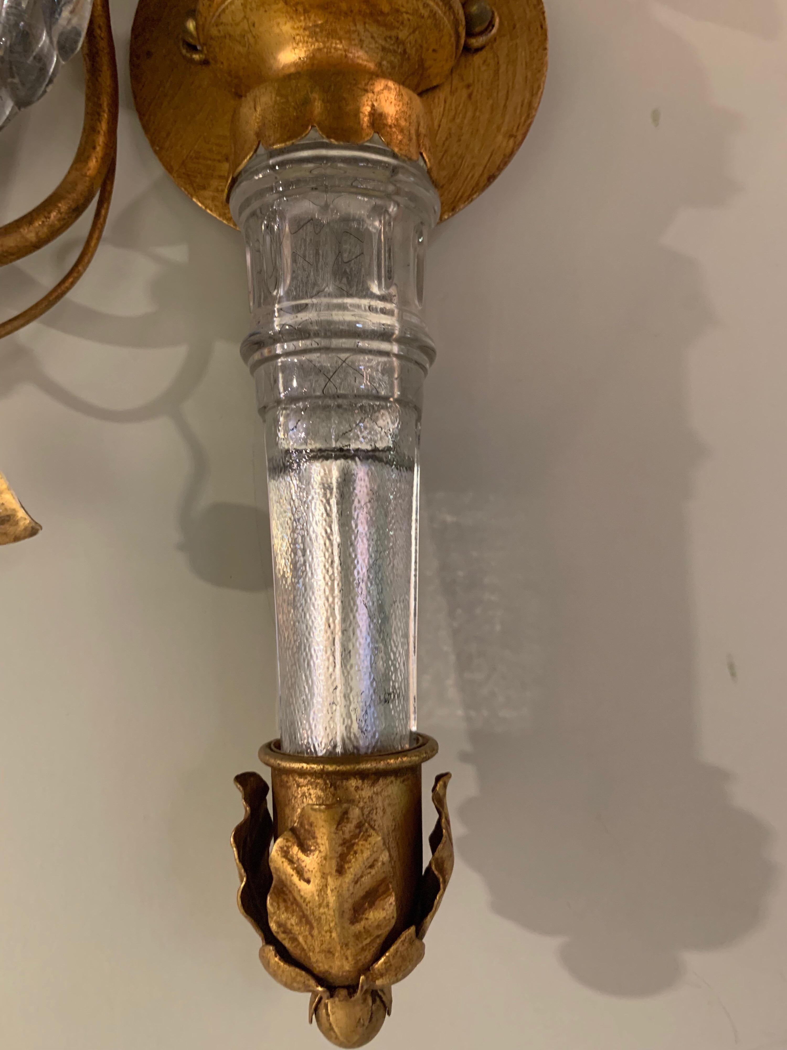 20th Century Pair of Italian Baguès Style Glass and Tole Sconces