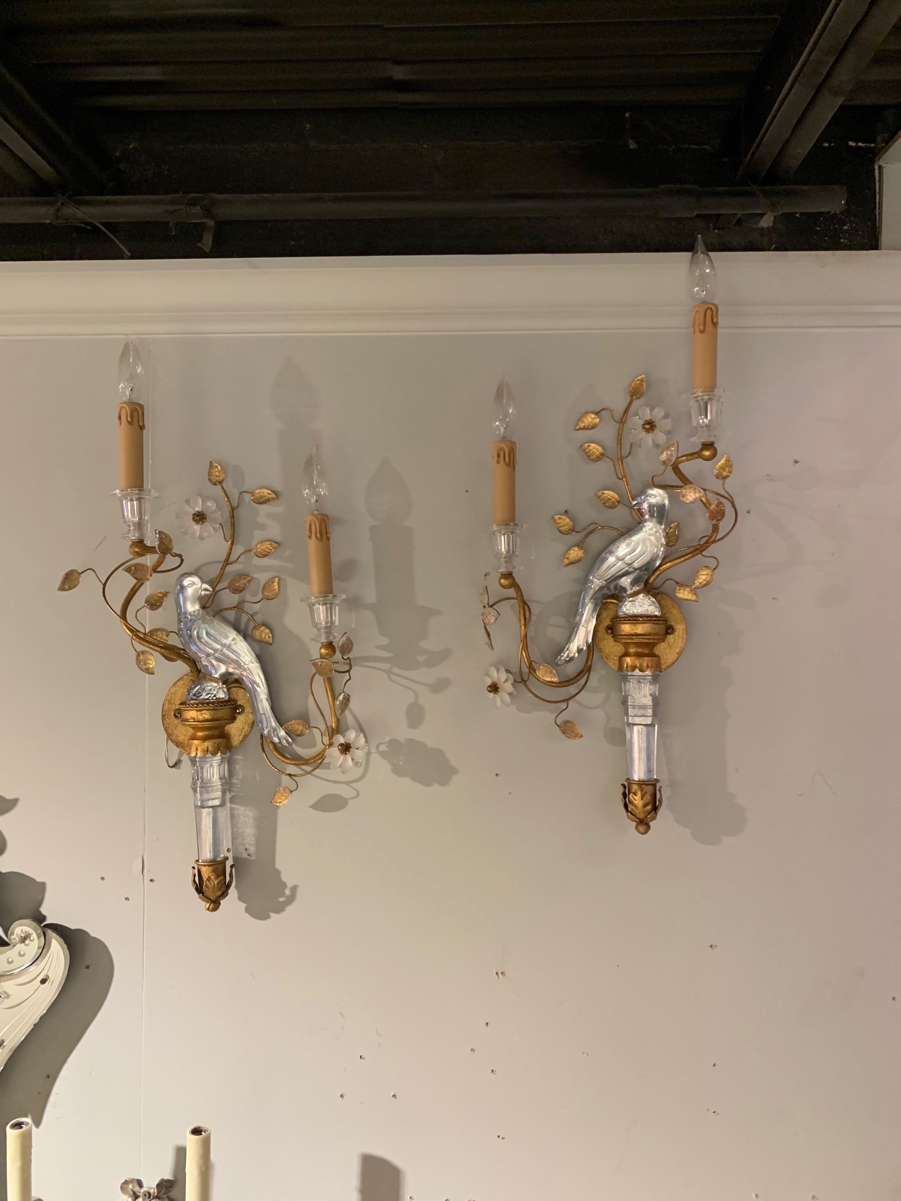 Metal Pair of Italian Baguès Style Glass and Tole Sconces