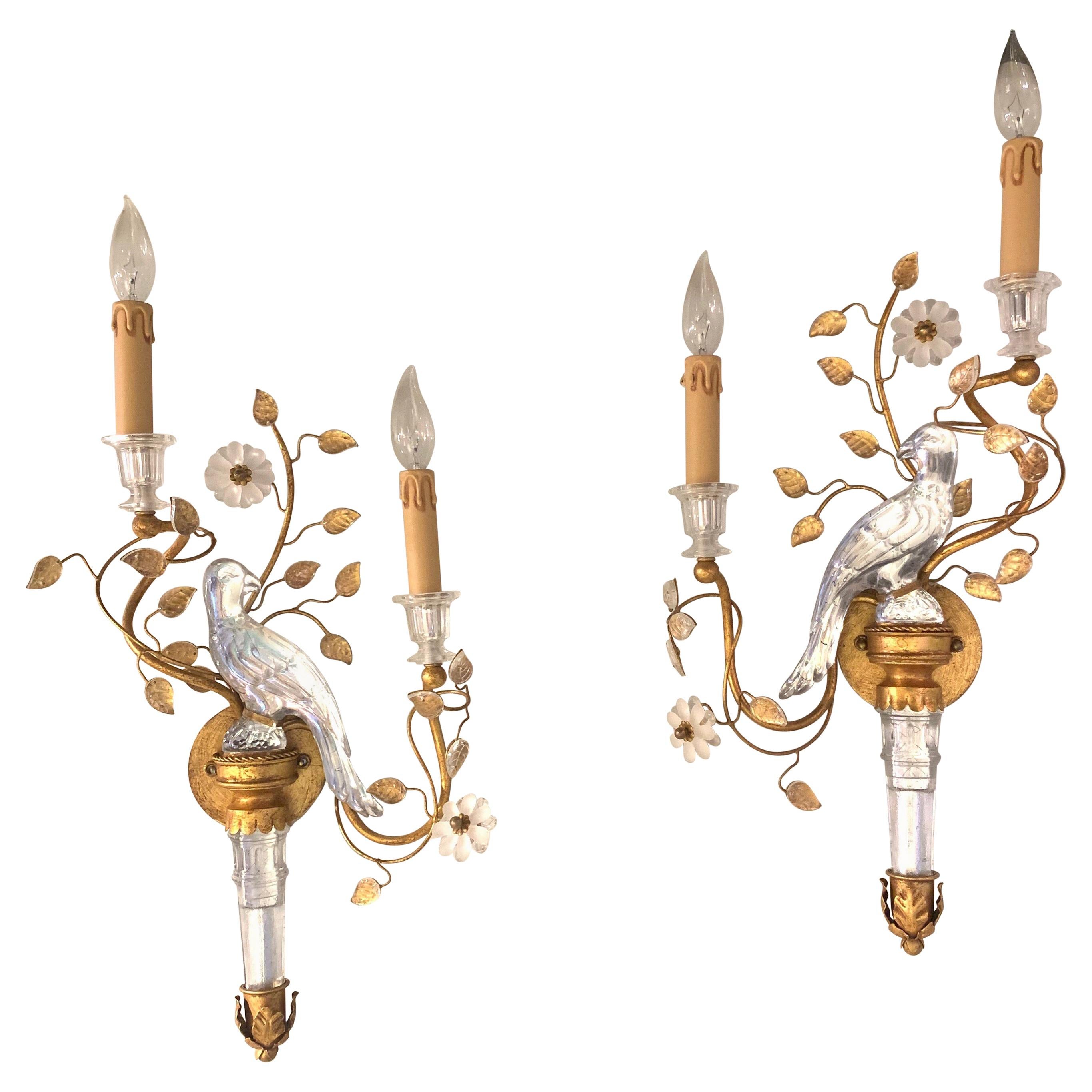 Pair of Italian Baguès Style Glass and Tole Sconces