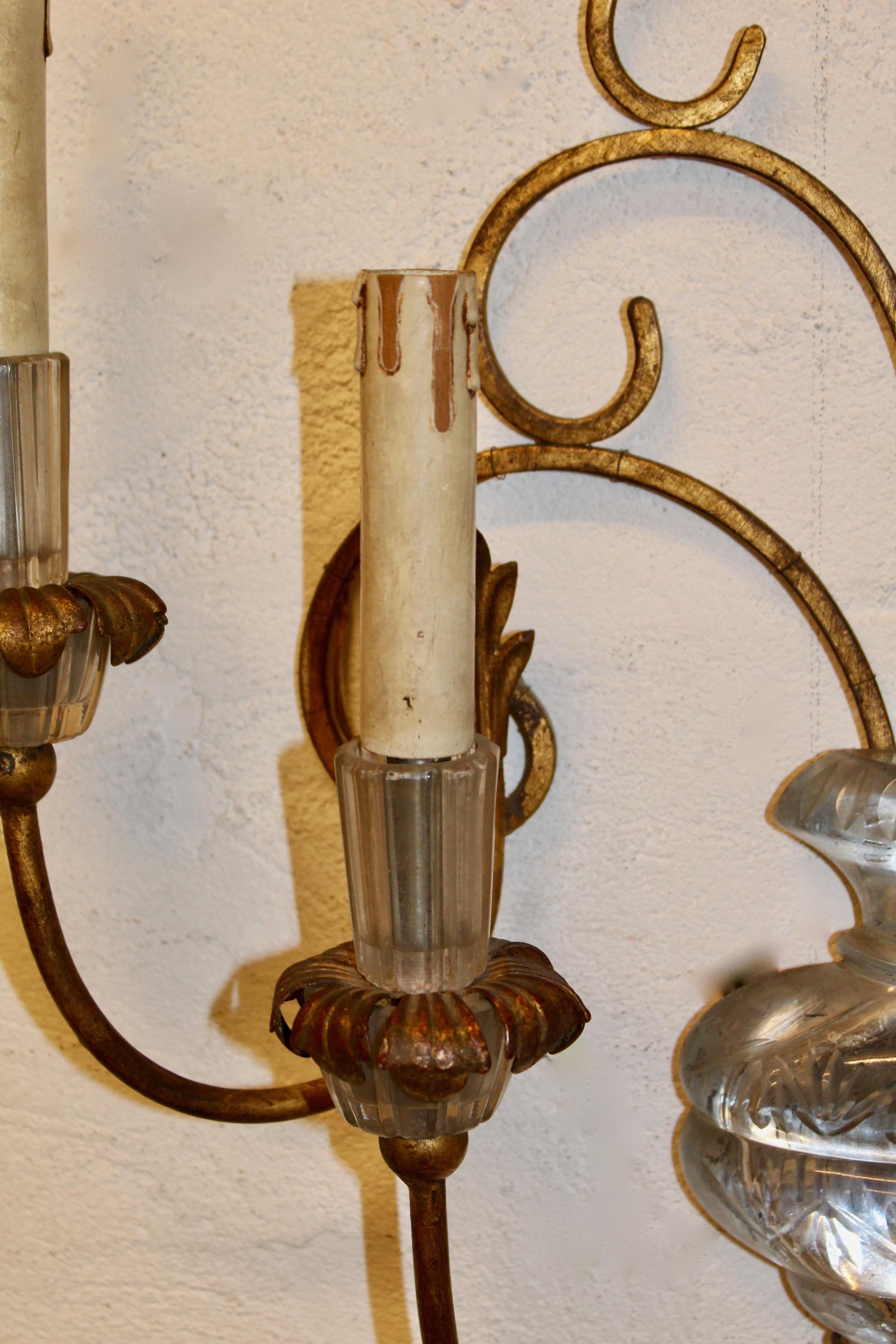 Pair of Italian Baguès Style Iron and Glass Urn Shaped 4-Light Wall Sconces 2