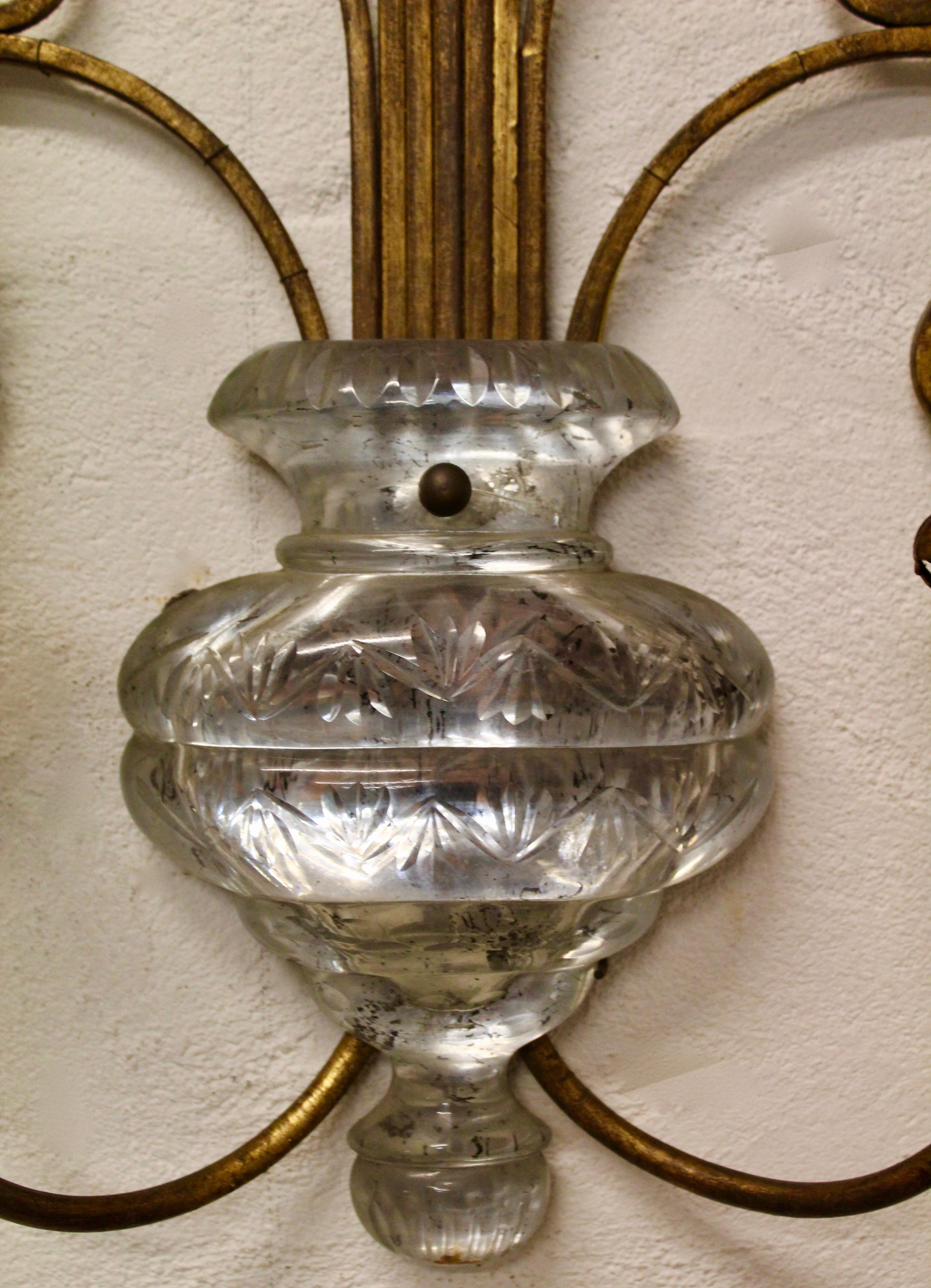 Pair of Italian Baguès Style Iron and Glass Urn Shaped 4-Light Wall Sconces 4