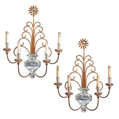 Pair of Italian Baguès Style Iron and Glass Urn Shaped 4-Light Wall Sconces