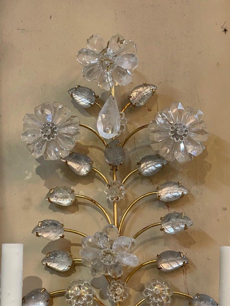 Pair of Italian Bagues Style Rock Crystal 2 Light Wall Sconces In Good Condition In Dallas, TX