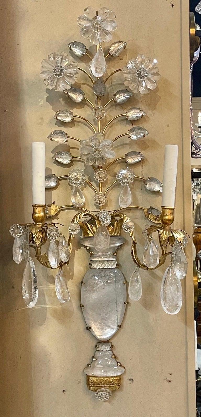 Contemporary Pair of Italian Bagues Style Rock Crystal 2 Light Wall Sconces