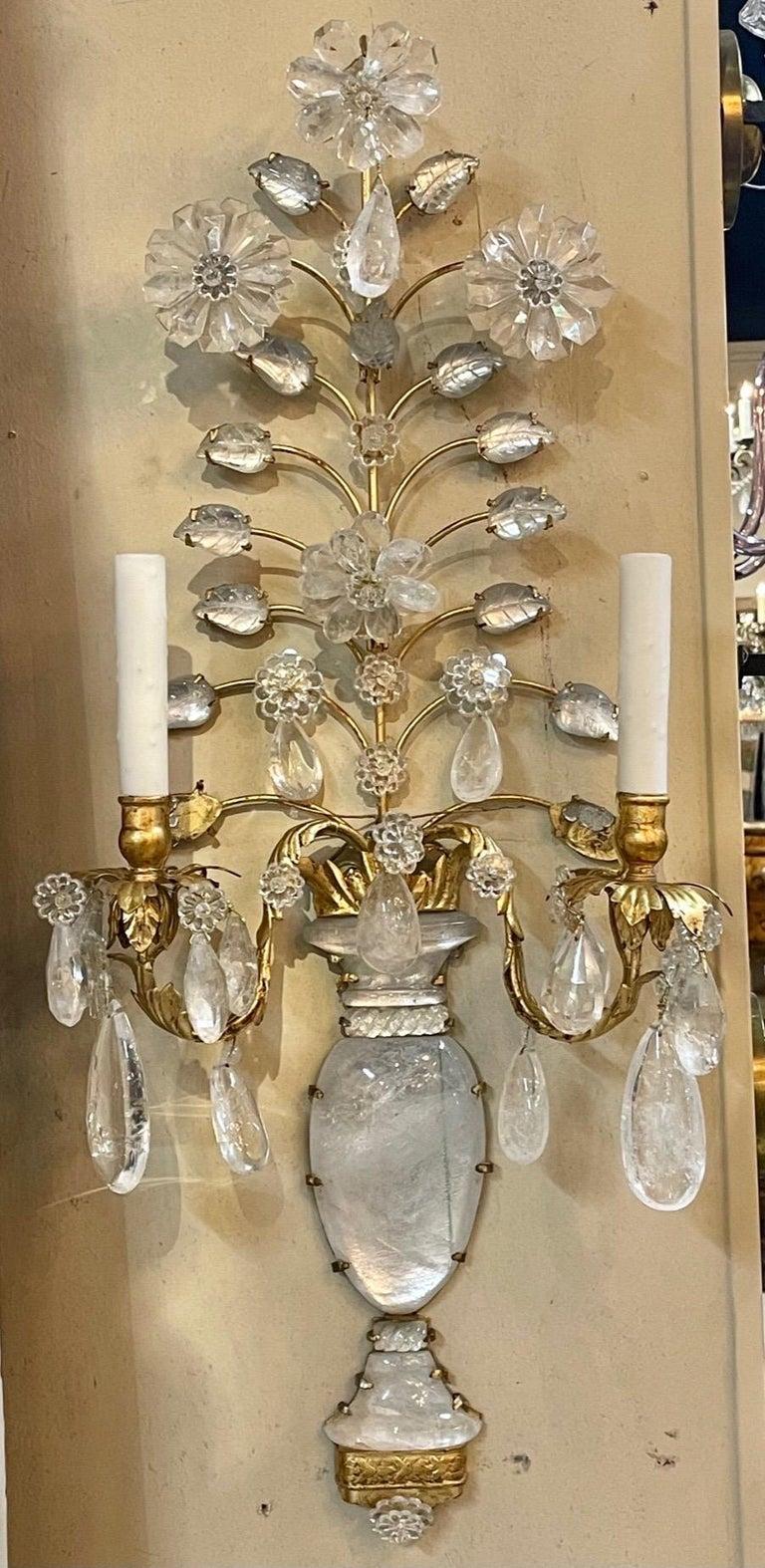 Pair of Italian Bagues Style Rock Crystal 2 Light Wall Sconces 1