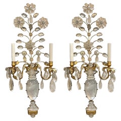 Pair of Italian Bagues Style Rock Crystal 2 Light Wall Sconces