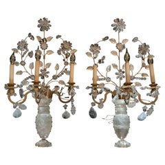Pair of Italian Bagues Style Rock Crystal 3 Light Wall Sconces