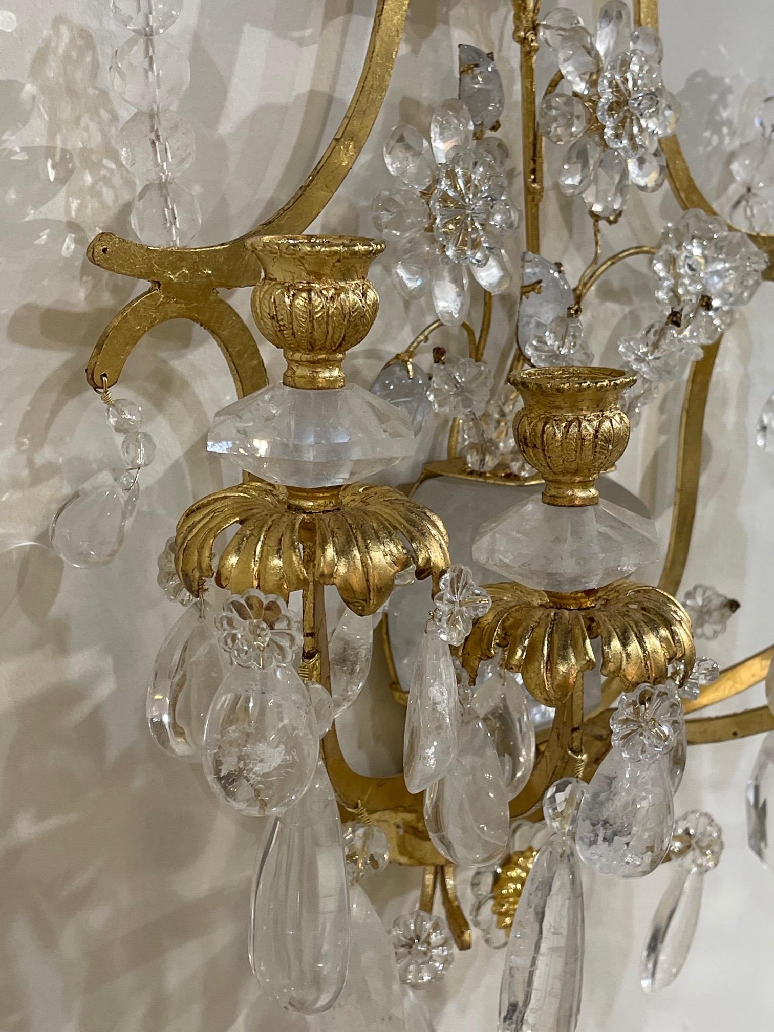 Pair of Italian Baguès Style Rock Crystal and Gilt Metal Sconces In Good Condition In Dallas, TX