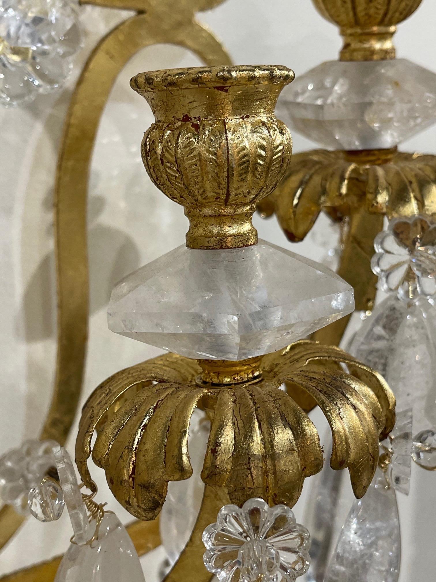 Contemporary Pair of Italian Baguès Style Rock Crystal and Gilt Metal Sconces