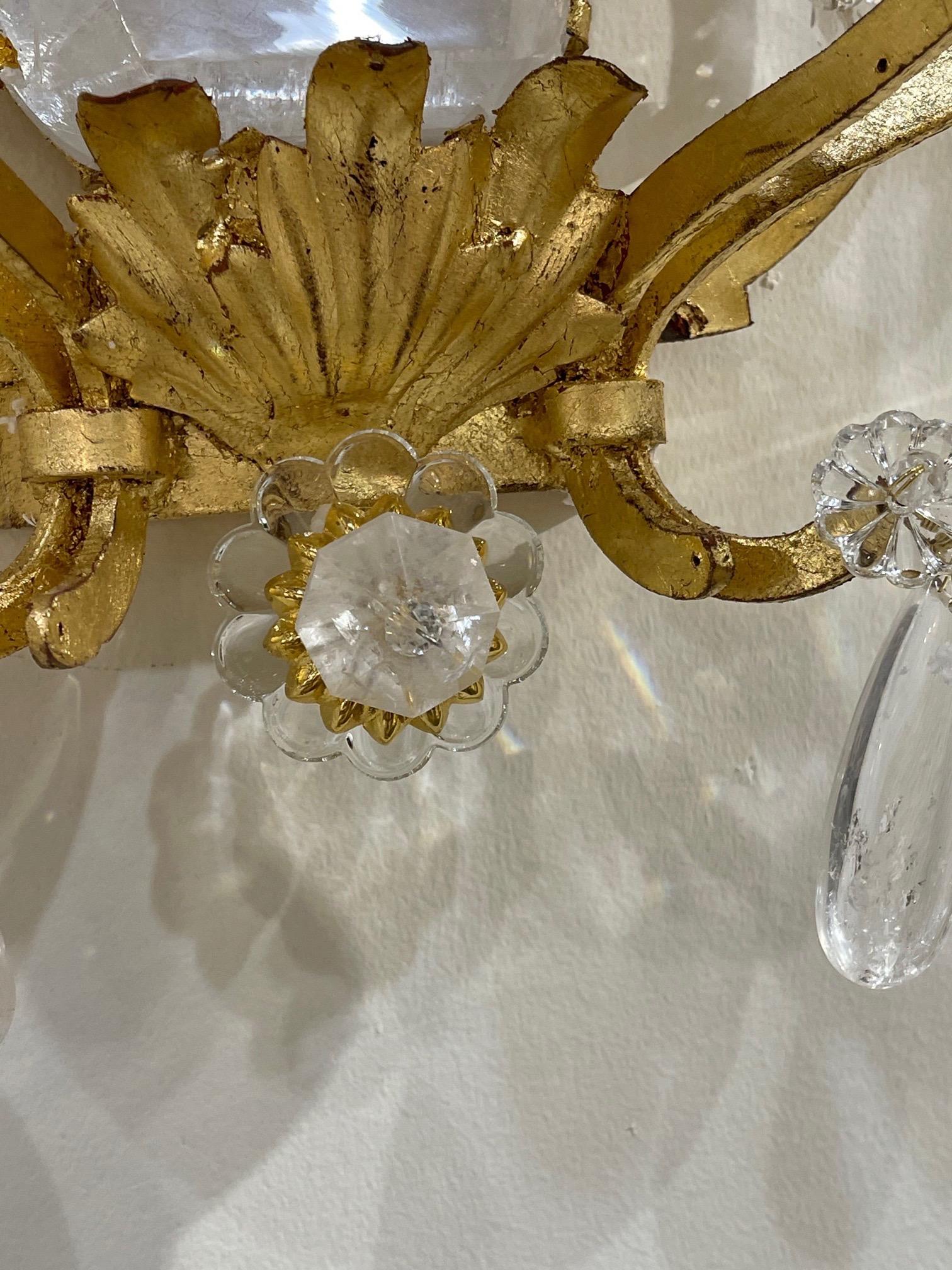 Pair of Italian Baguès Style Rock Crystal and Gilt Metal Sconces 1