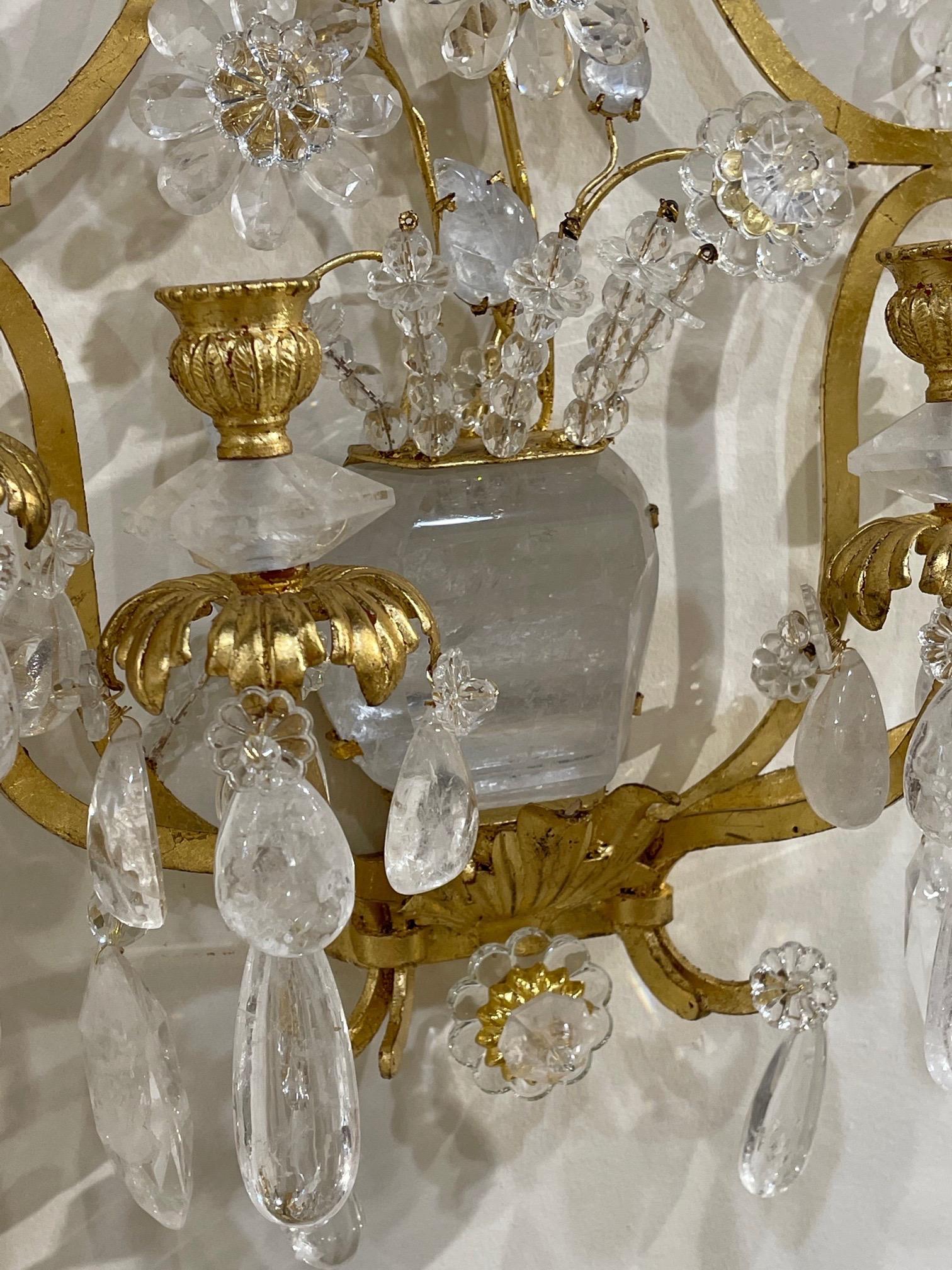 Pair of Italian Baguès Style Rock Crystal and Gilt Metal Sconces 2