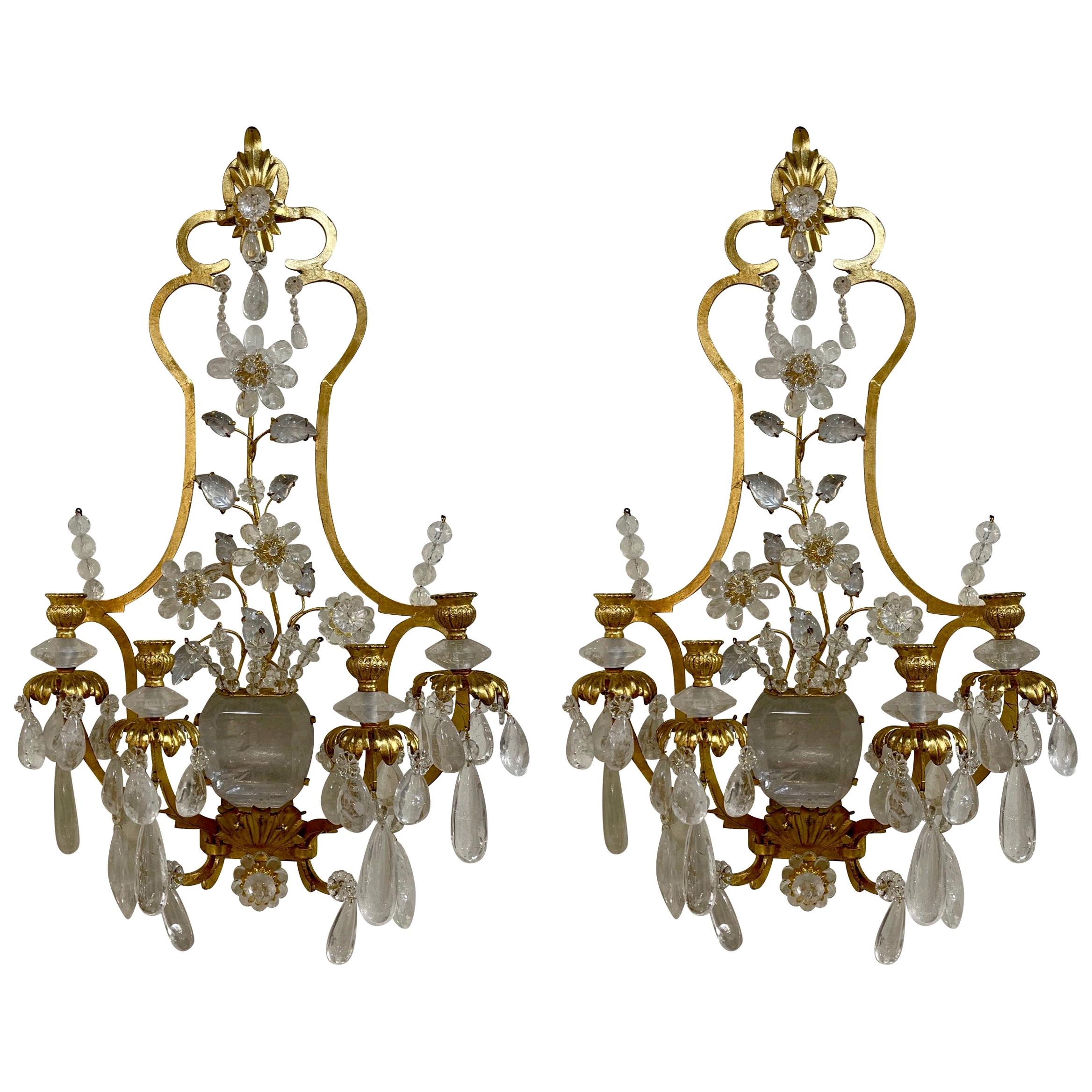 Pair of Italian Baguès Style Rock Crystal and Gilt Metal Sconces