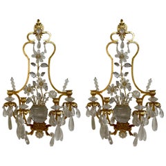 Pair of Italian Baguès Style Rock Crystal and Gilt Metal Sconces