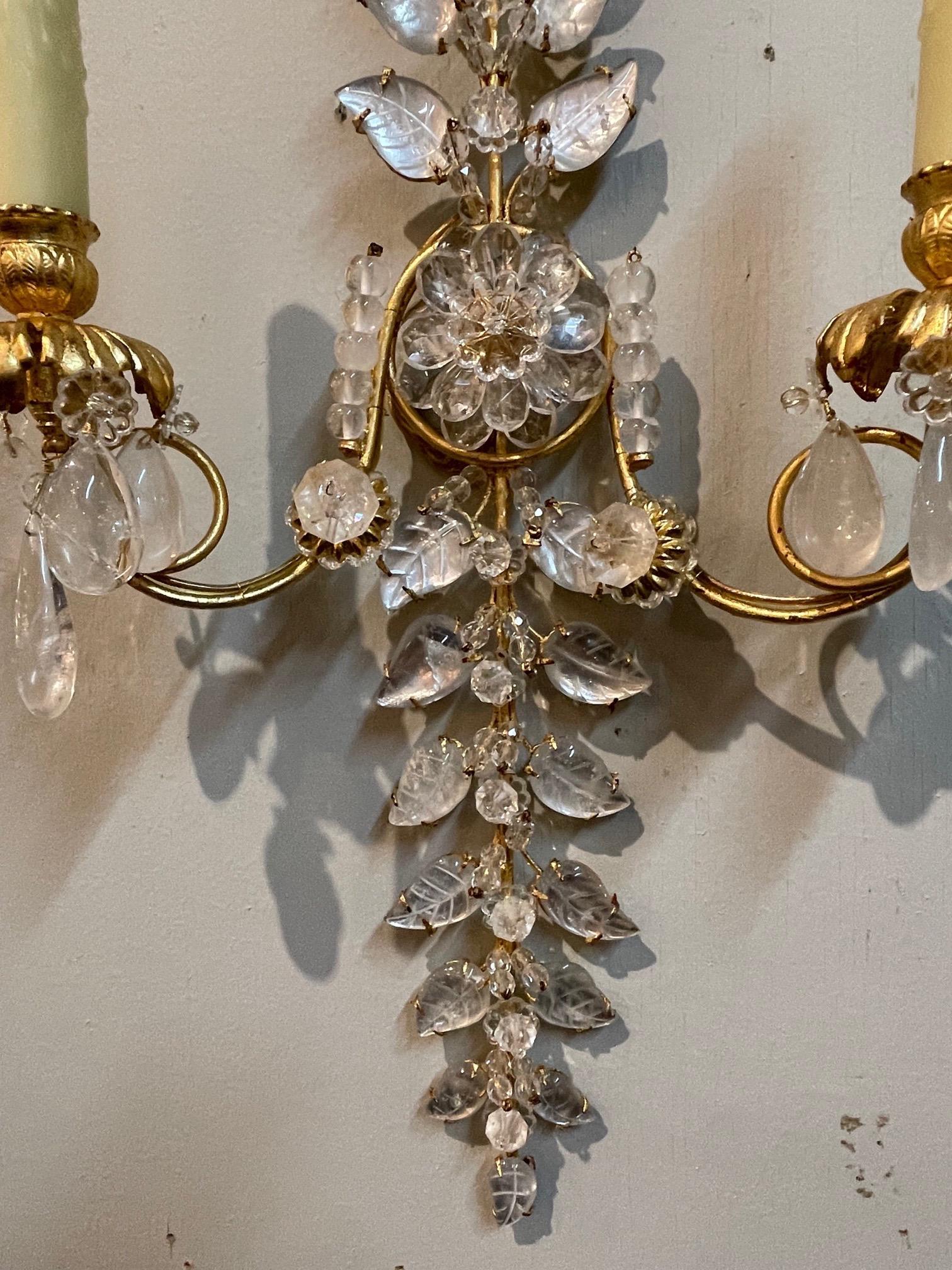 Pair of Italian Bagues Style Rock Crystal Wall Sconces In Good Condition In Dallas, TX