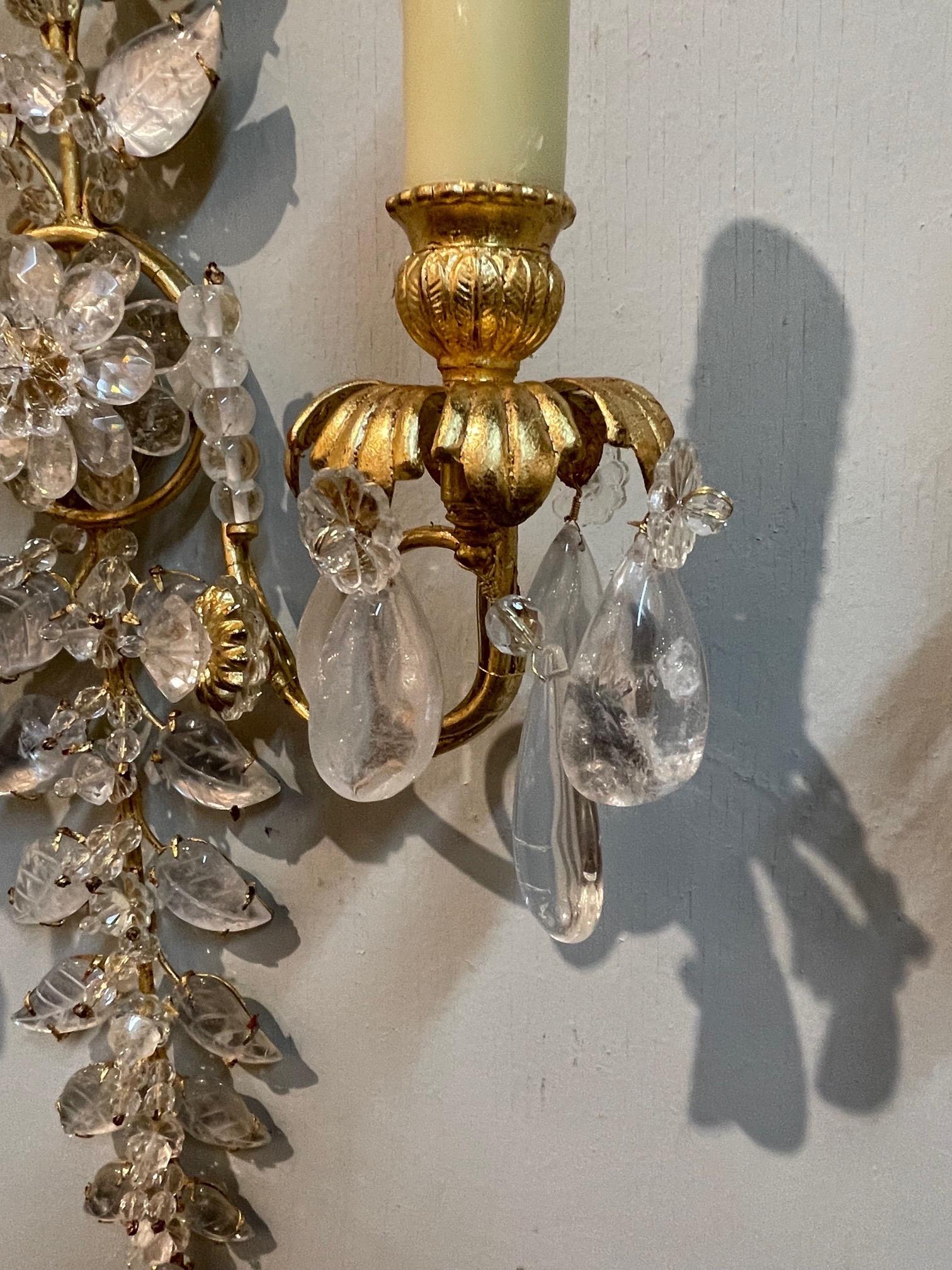 Bronze Pair of Italian Bagues Style Rock Crystal Wall Sconces