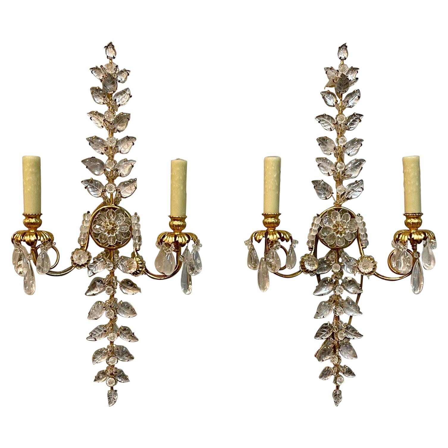Pair of Italian Bagues Style Rock Crystal Wall Sconces