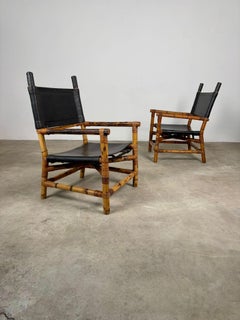 Pair of Italian Bamboo and Leather Lounge Chairs, 1970s