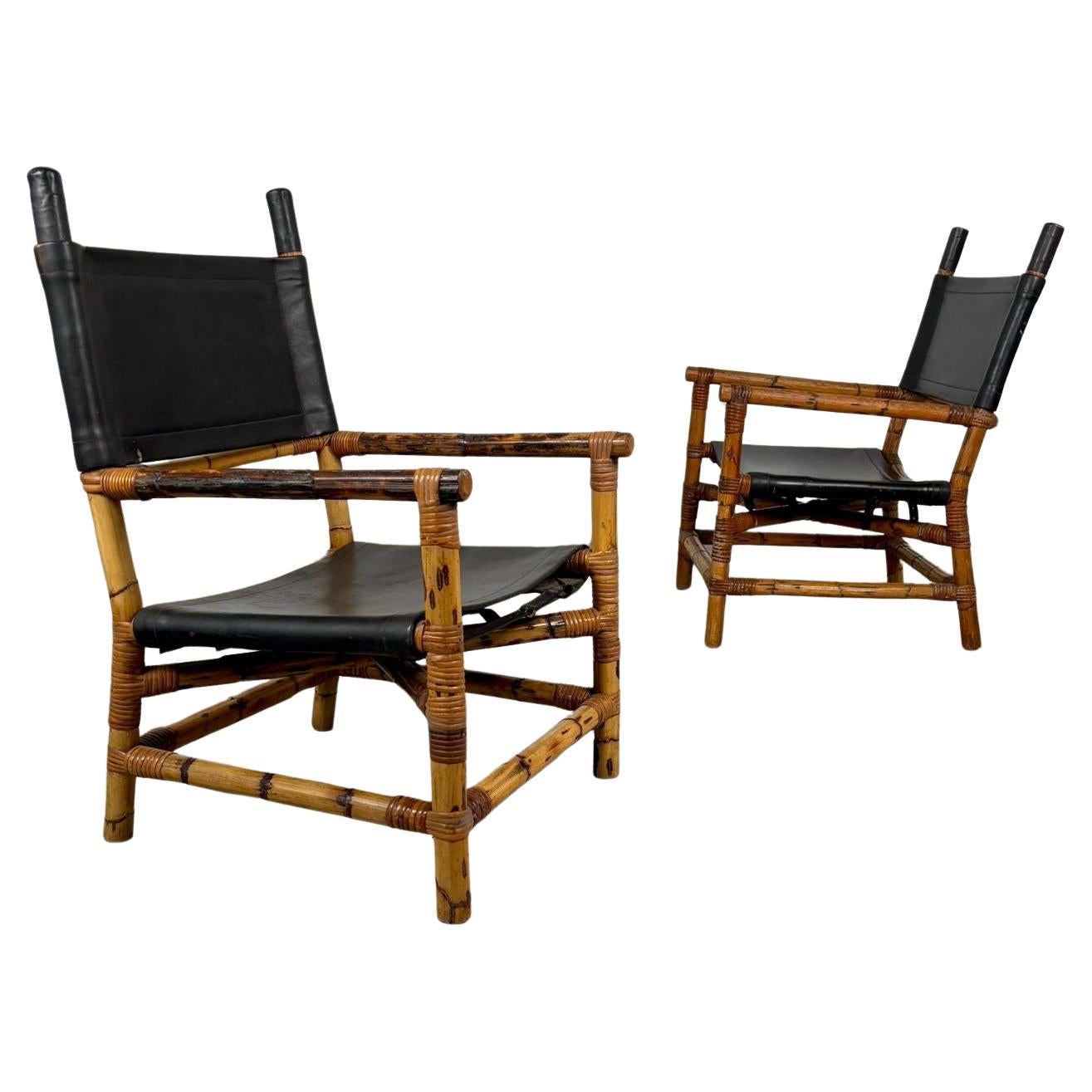 Pair of Italian Bamboo and Leather Lounge Chairs, 1970s