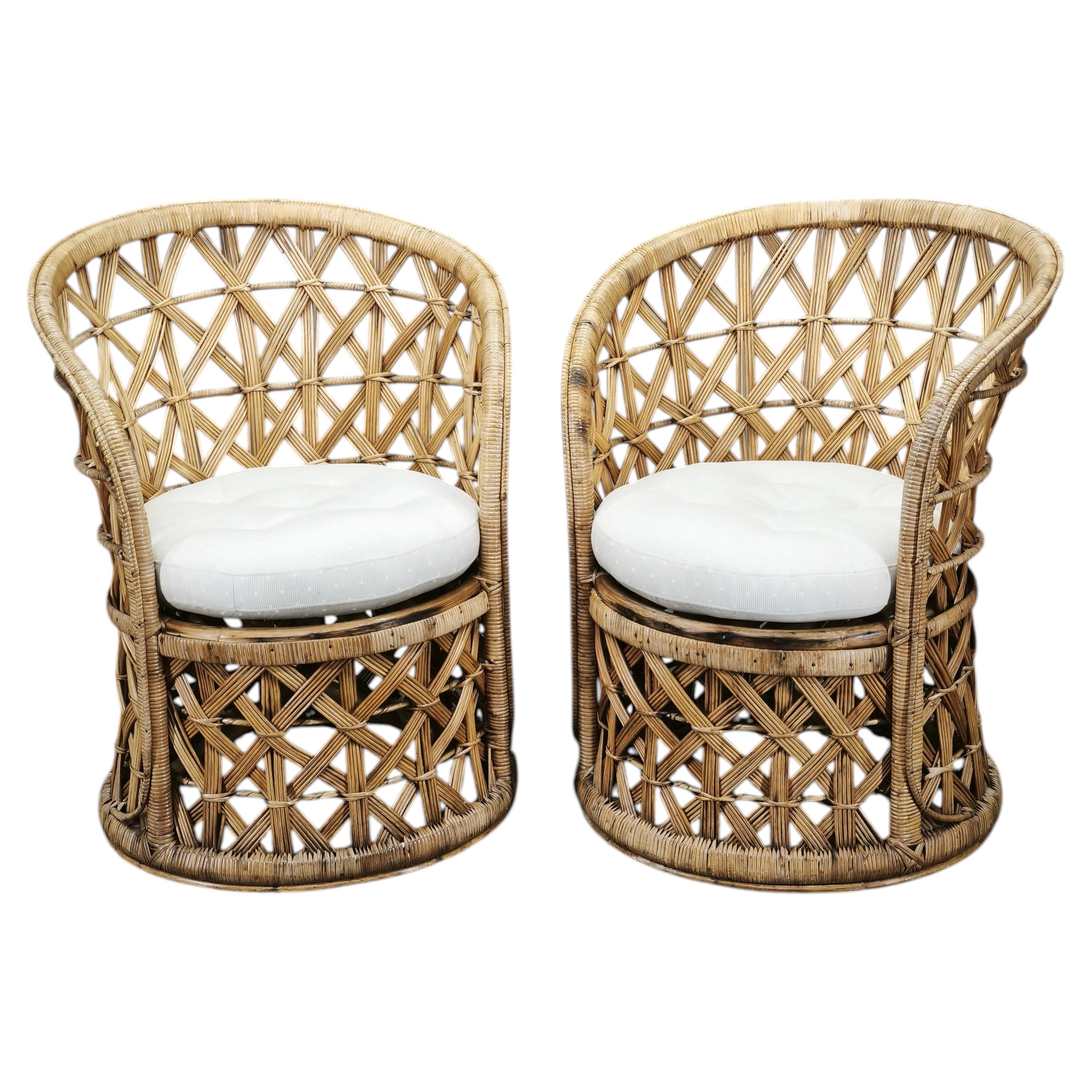 Pair of Italian Bamboo and Rattan Lounge Chairs, 1960s