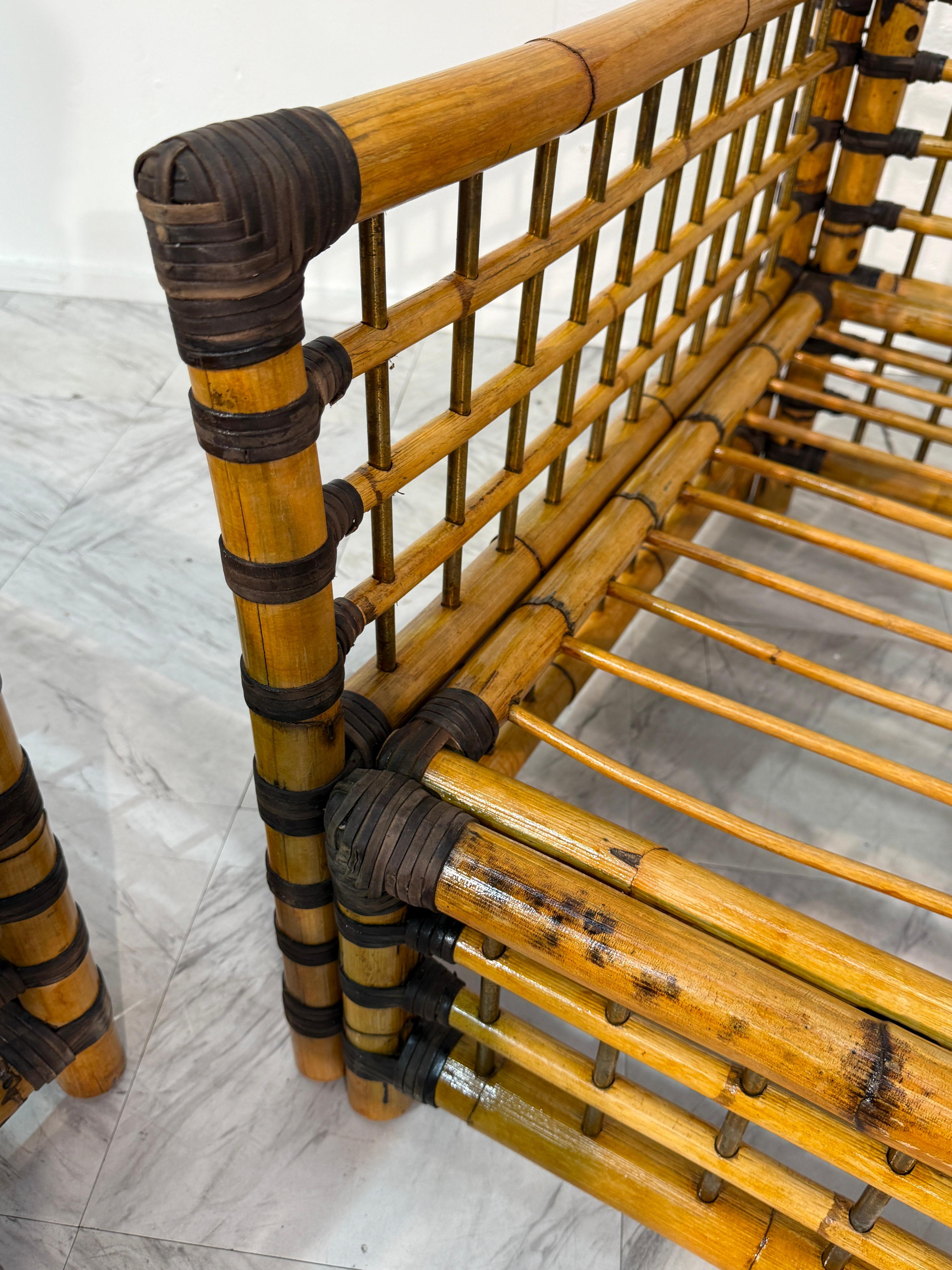 Paire de chaises longues italiennes en bambou et rotin, 1970 en vente 6