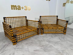 Coppia di sedie da salotto italiane in bambù e rattan, anni '70