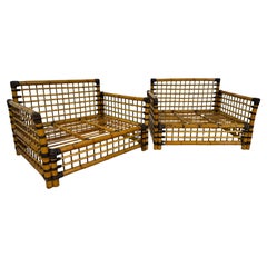Pair of Italian Bamboo and Rattan Lounge Chairs, 1970s