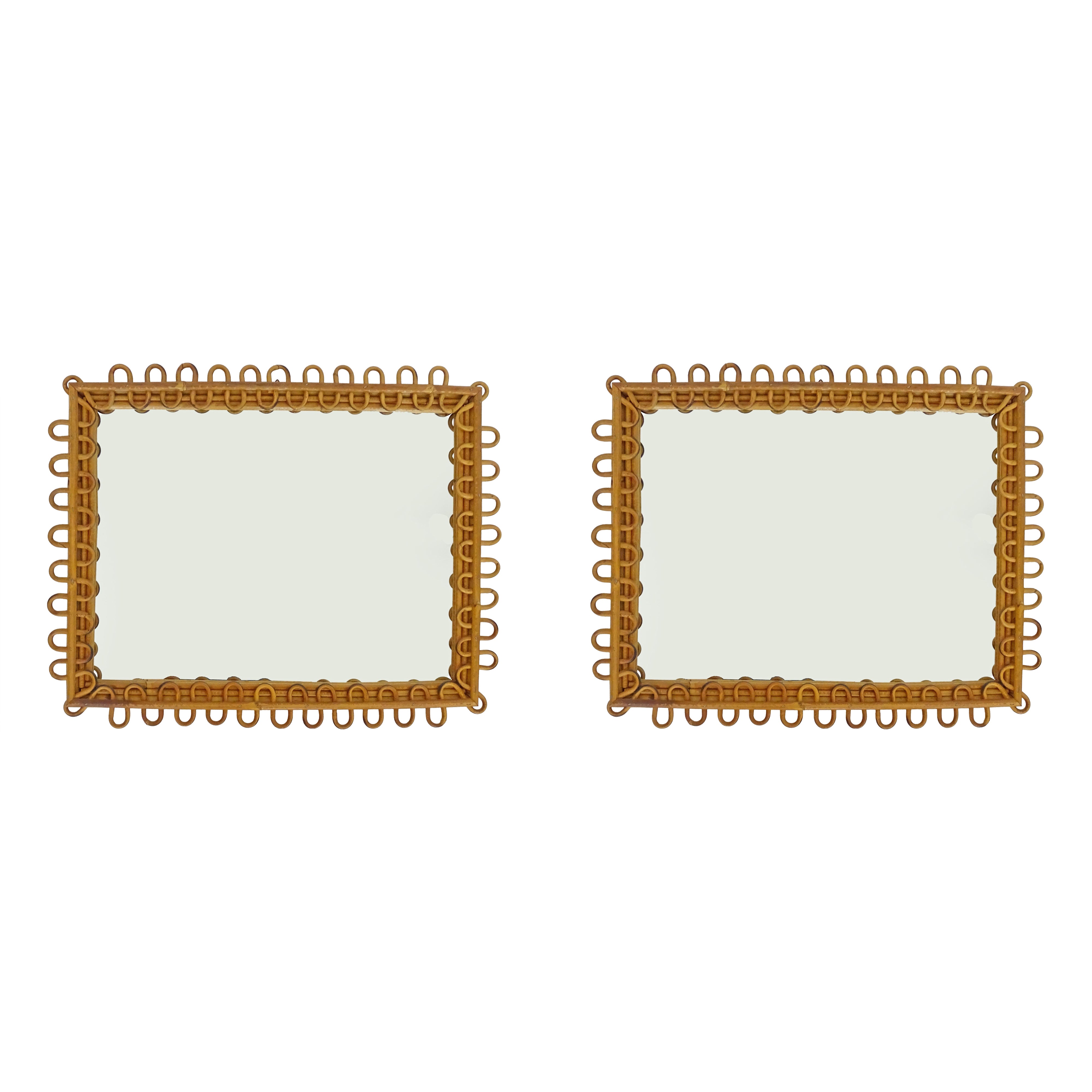 Pair of Italian Bamboo and Rattan Mirrors 1950s For Sale