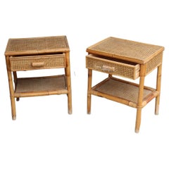 Pair of Italian Bamboo and Straw Night Stands with Drawer Midcentury Shelf