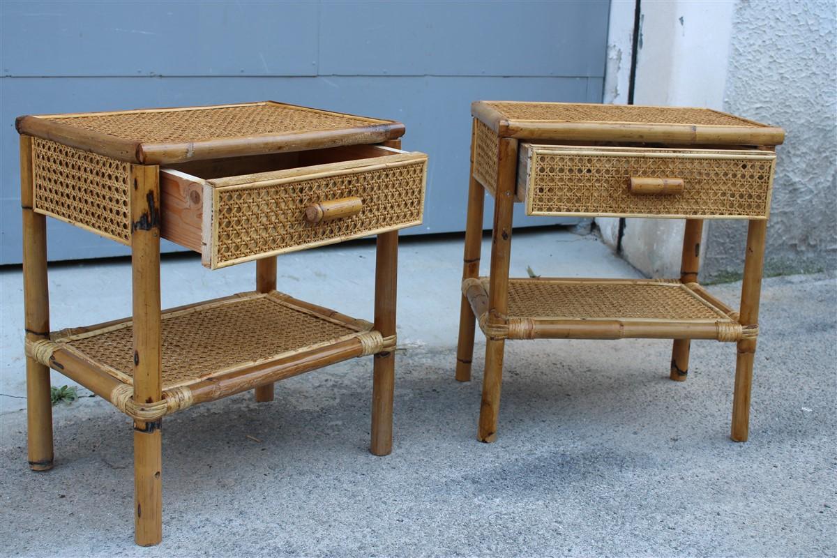 Pair of Italian Bamboo and Straw Night Stands with Drawer Midcentury Shelf For Sale 6