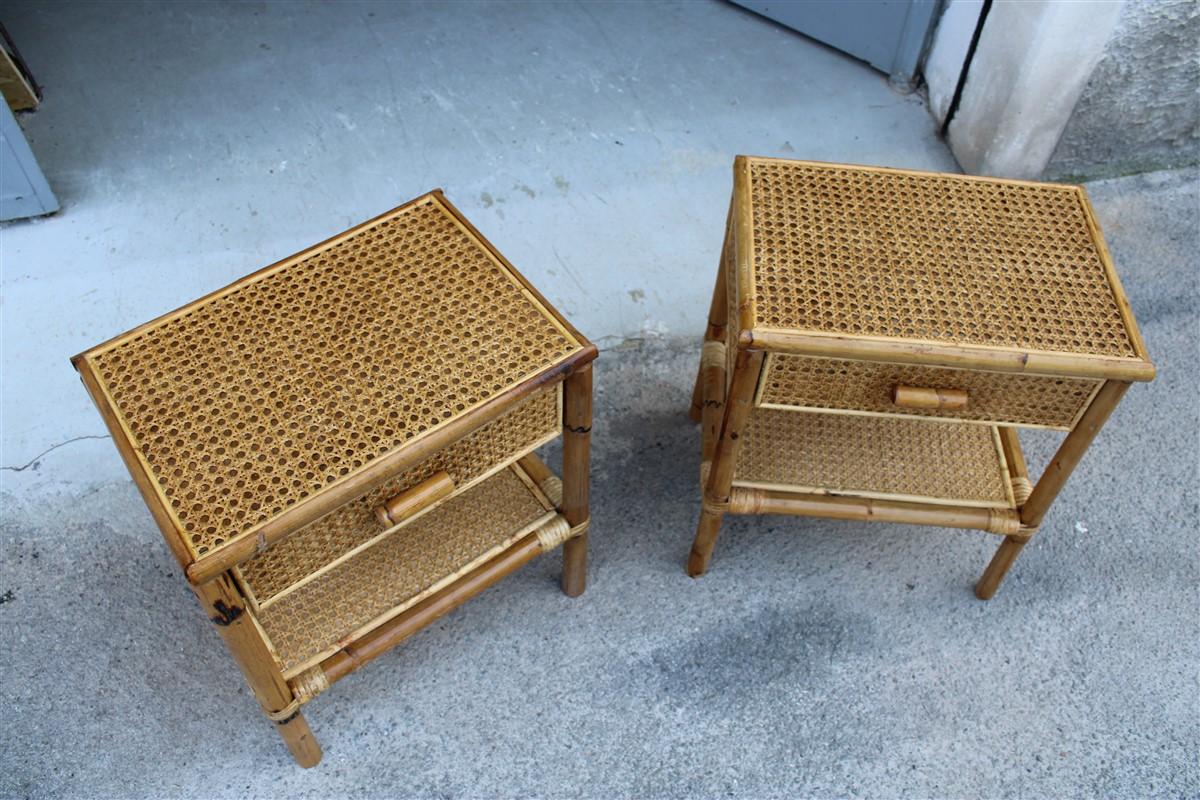 Pair of Italian Bamboo and Straw Night Stands with Drawer Midcentury Shelf For Sale 9