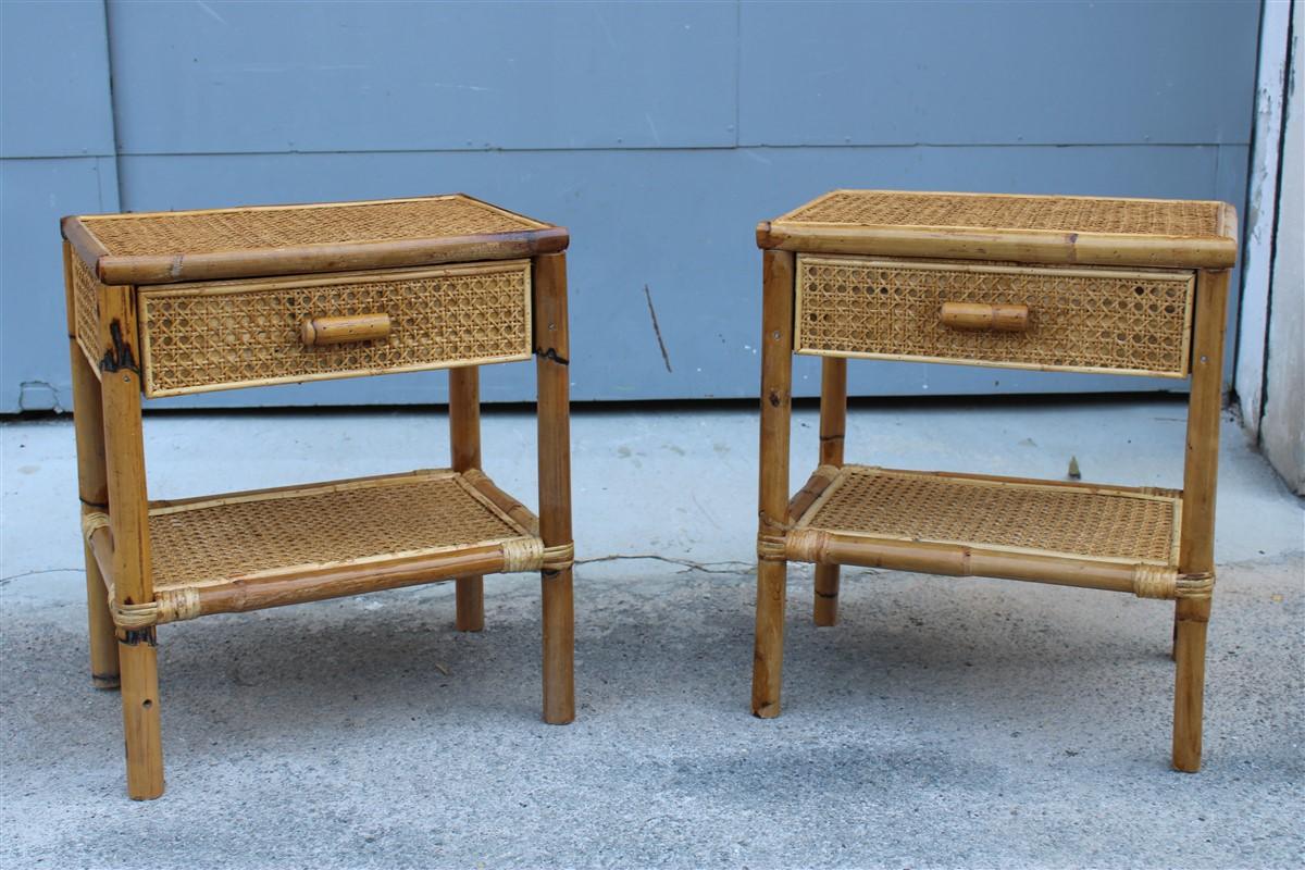 Mid-Century Modern Pair of Italian Bamboo and Straw Night Stands with Drawer Midcentury Shelf For Sale