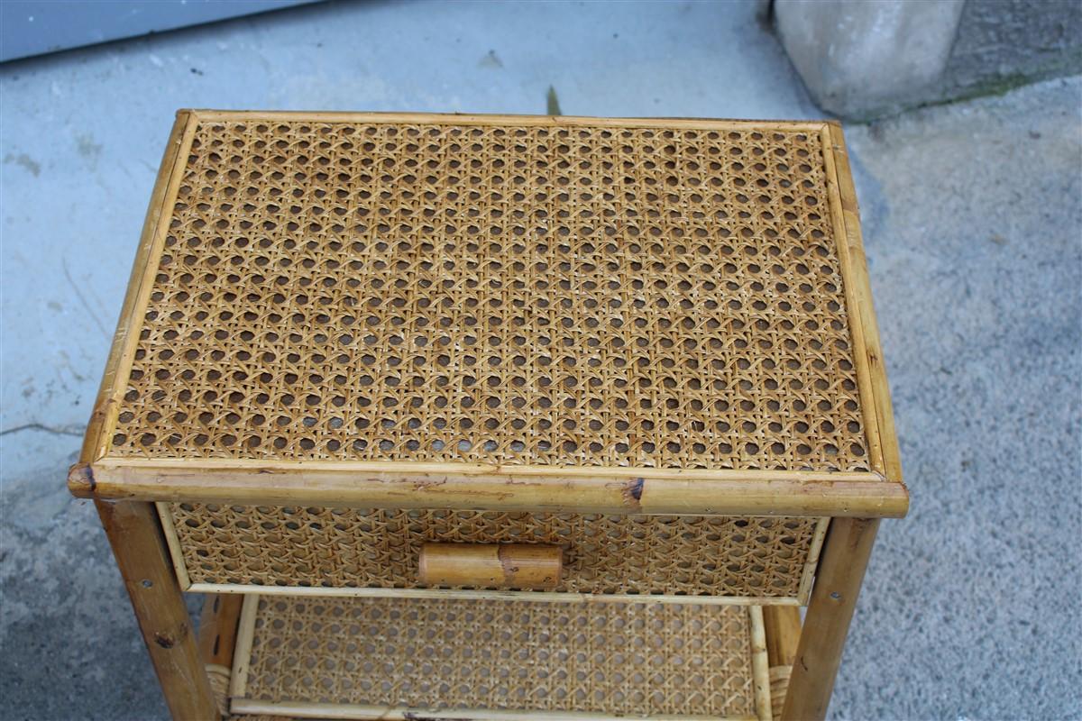 Pair of Italian Bamboo and Straw Night Stands with Drawer Midcentury Shelf In Good Condition For Sale In Palermo, Sicily